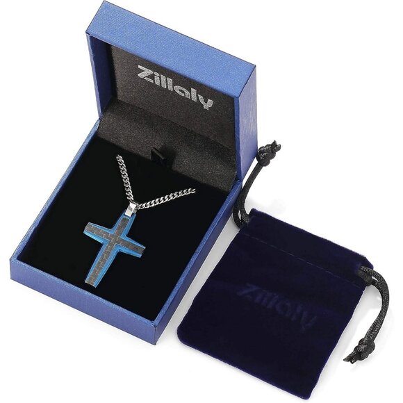 Men's Two-Tone Black & Blue Stainless Steel Carbon Fiber Cross Necklace - Picture 7 of 7